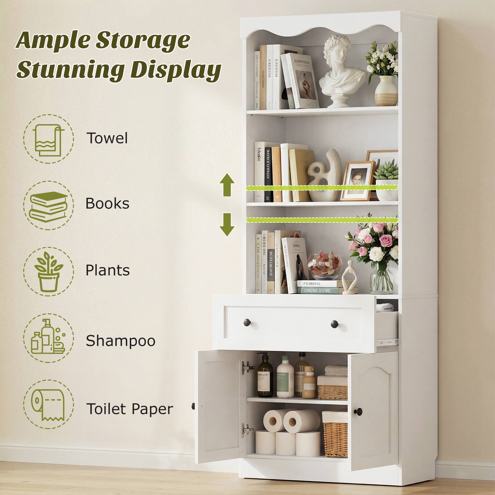 Ample Storage Stunning Display

- Towel
- Books
- Plants
- Shampoo
- Toilet Paper