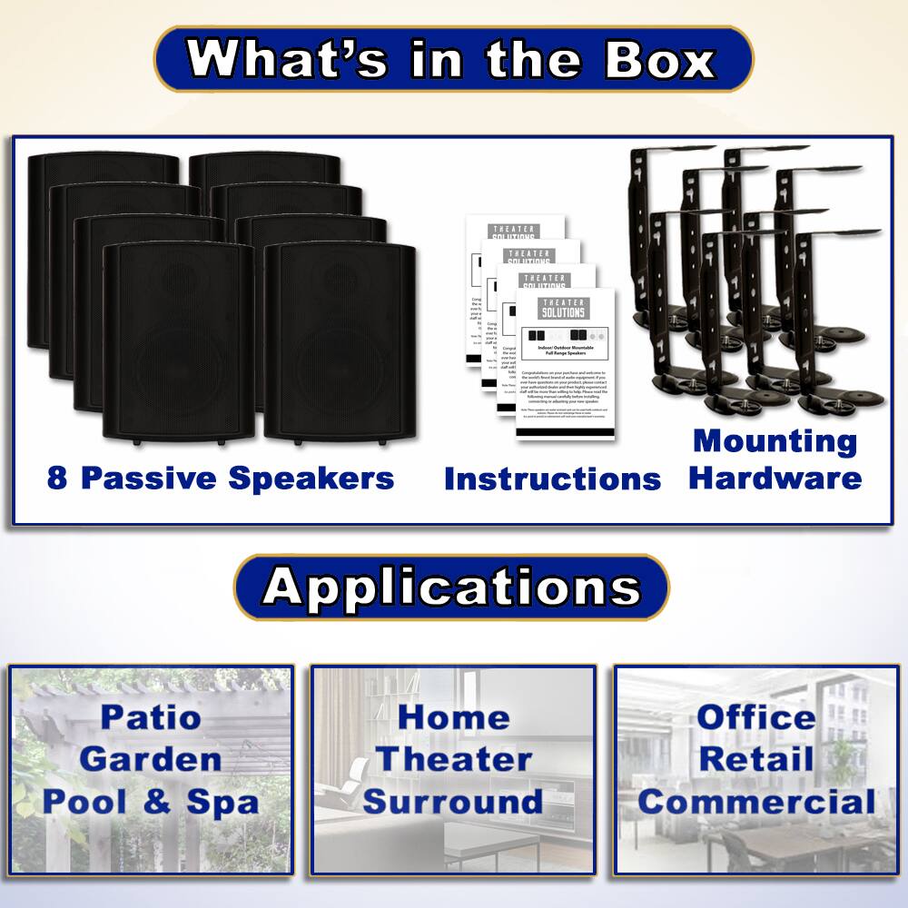 What's in the Box

8 Passive Speakers  
Instructions  
Mounting Hardware  

Applications

Patio Garden Pool & Spa  
Home Theater Surround  
Office Retail Commercial