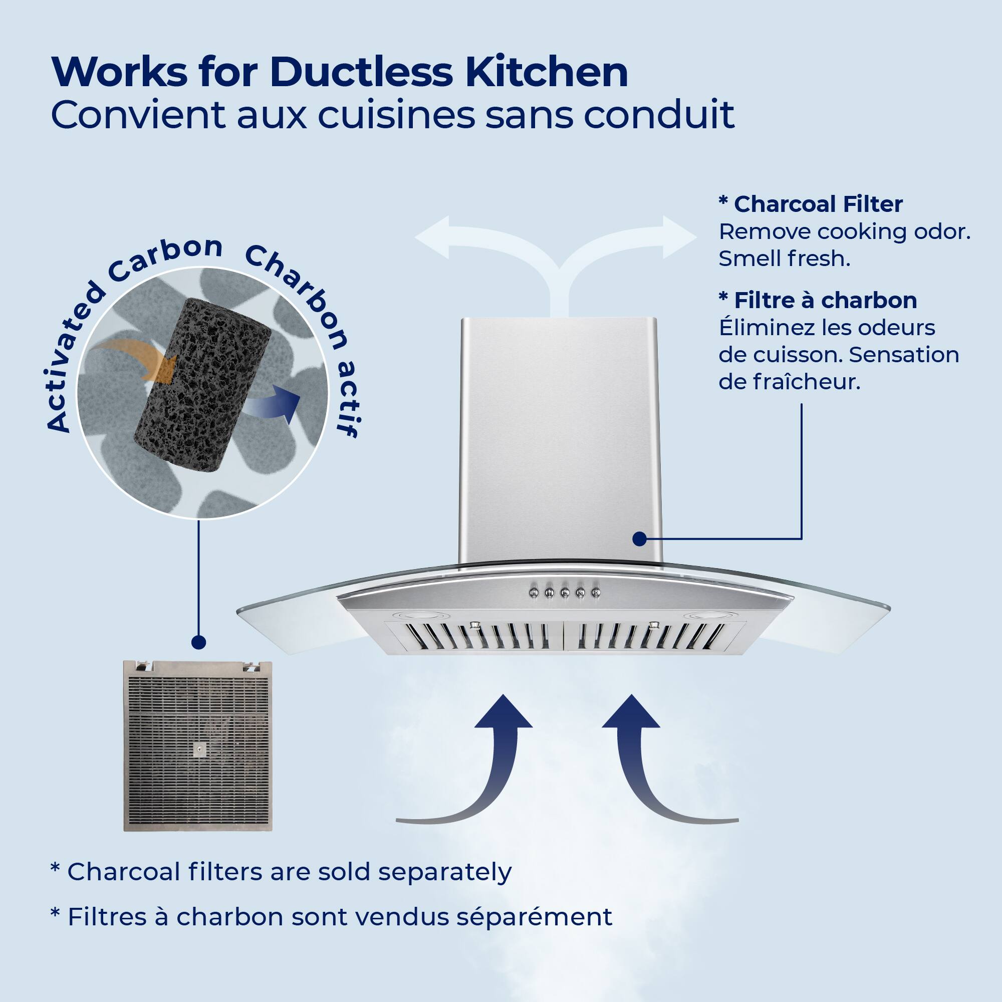 Works for Ductless Kitchen  
Convenient aux cuisines sans conduit  

Activated Carbon  
Charbon actif  

* Charcoal Filter  
Remove cooking odor.  
Smell fresh.  

* Filtre à charbon  
Éliminez les odeurs de cuisson.  
Sensation de fraîcheur.  

* Charcoal filters are sold separately  
* Filtres à charbon sont vendus séparément