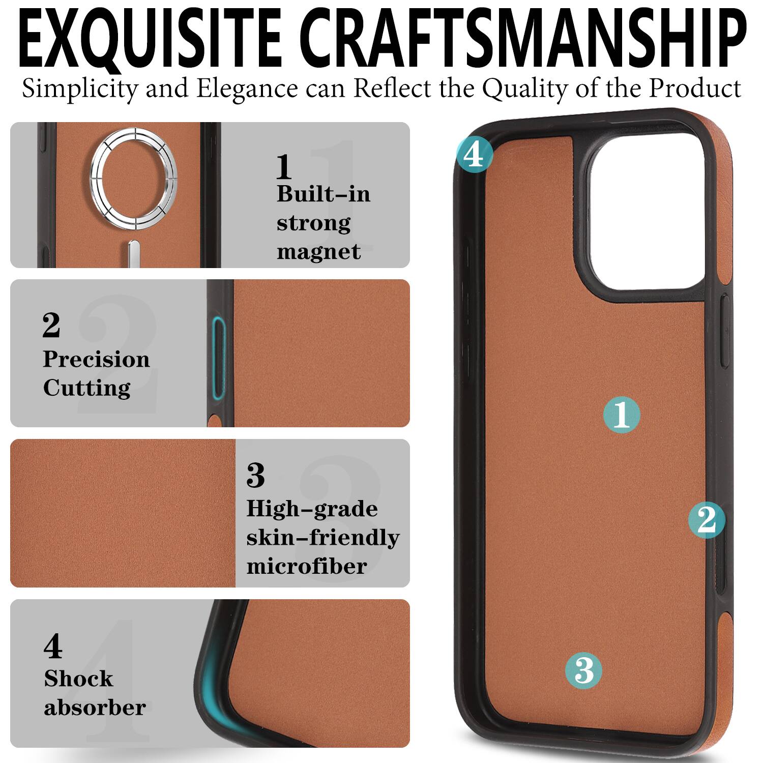 EXQUISITE CRAFTSMANSHIP  
Simplicity and Elegance can Reflect the Quality of the Product

1. Built-in strong magnet  
2. Precision Cutting  
3. High-grade skin-friendly microfiber  
4. Shock absorber