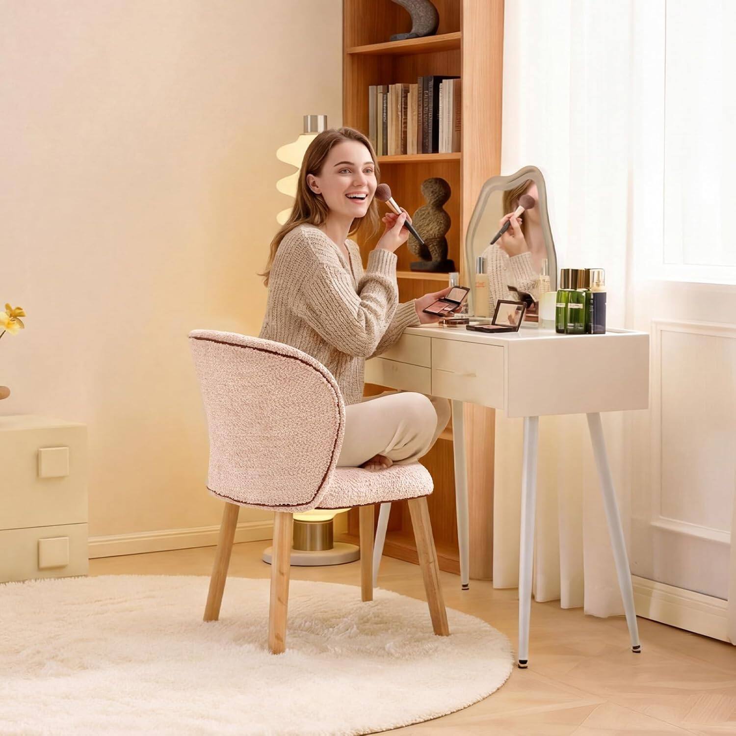 Alt View 3. Winado - Chenille Velvet Curved-Back Armless Vanity Fluffy Makeup Chair Solid Wood Legs for Study Bedroom Dressing for Girls - Pink.