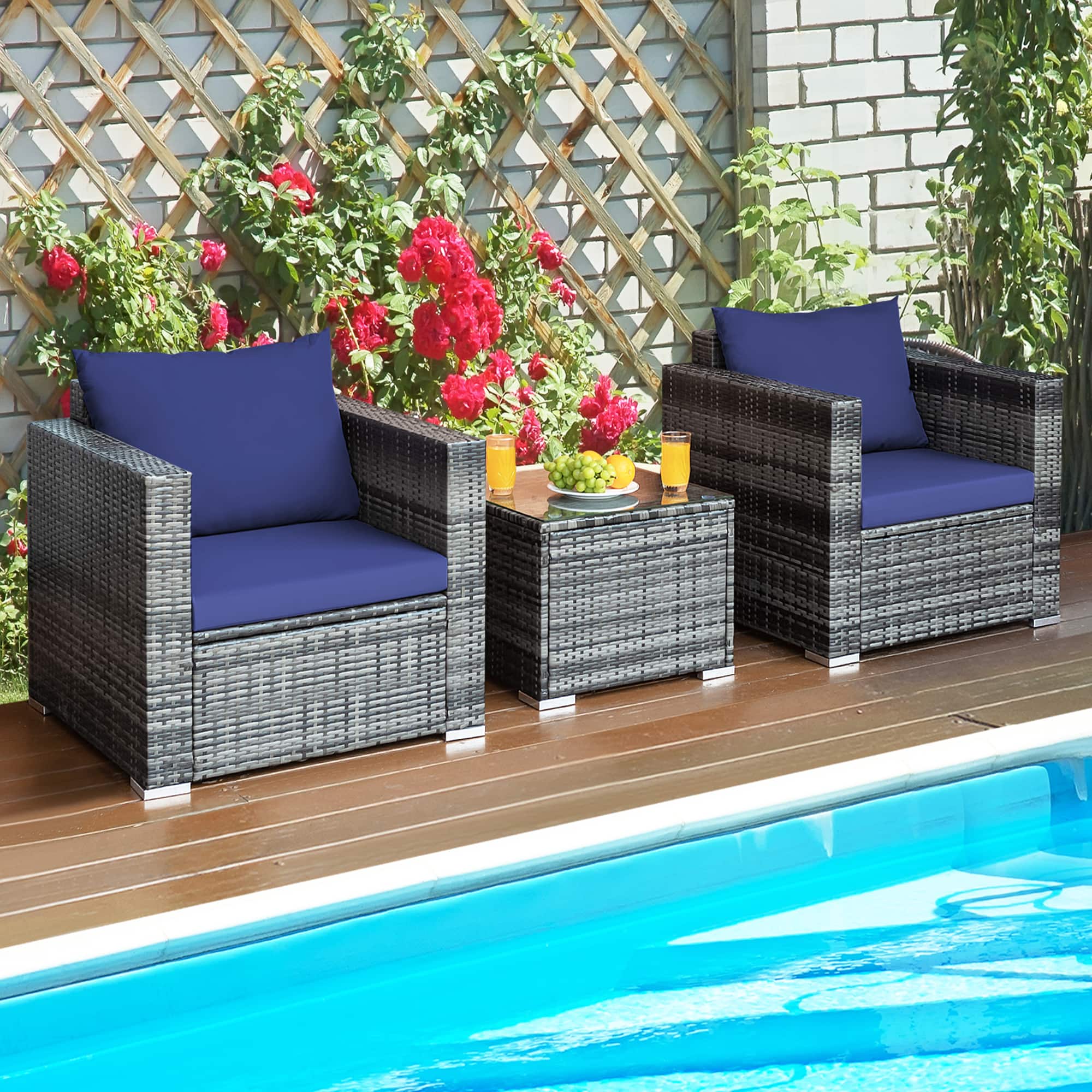 Gymax - 3PCS Rattan Patio Conversation Furniture Set Outdoor Yard w/ Cushion - Navy