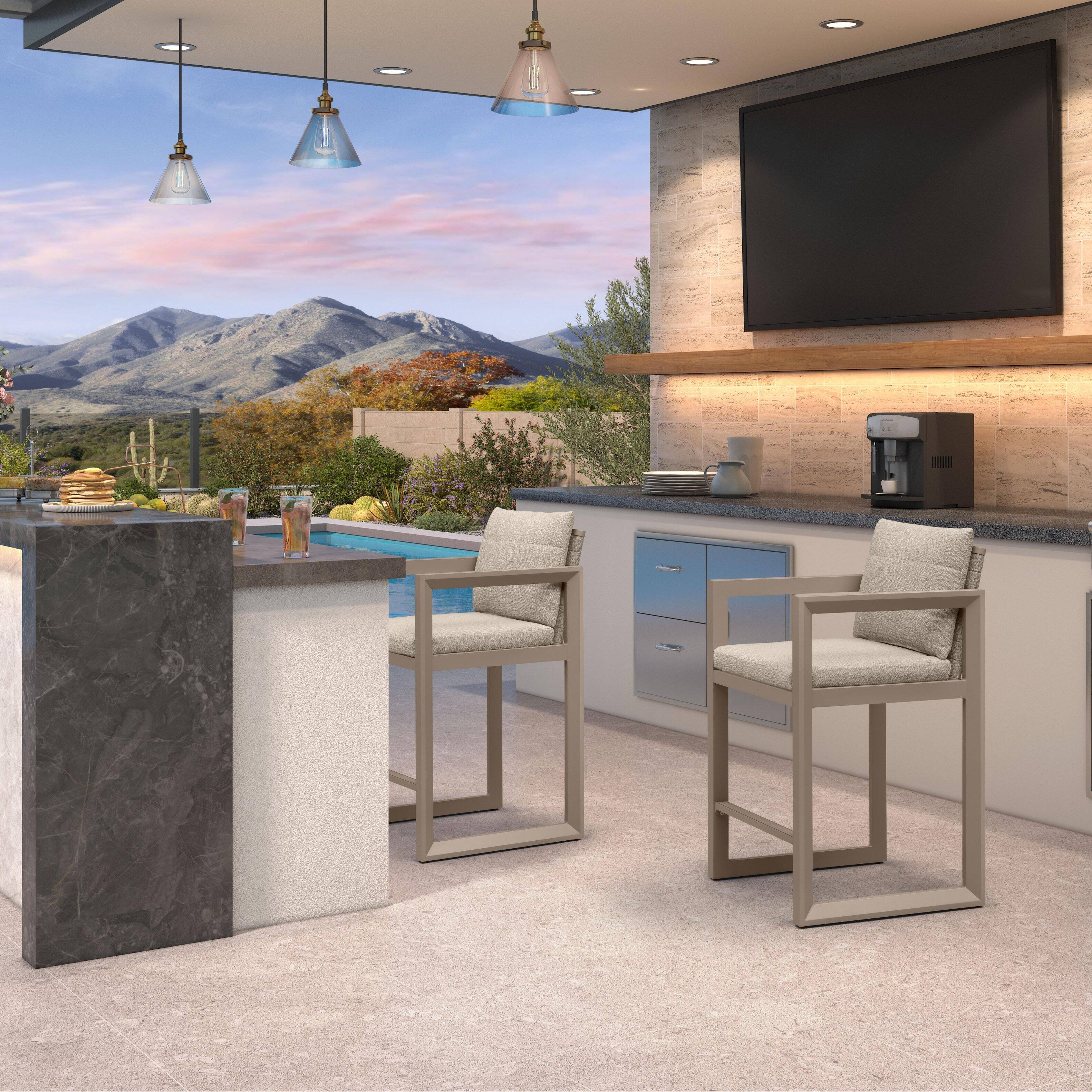 PURPLE LEAF - Outdoor Caesar Bar Stools Set of 2 Modern Aluminum Barstools with Stainless Removable Cushion for Kitchen Outside Island - Khaki-Counter Stool