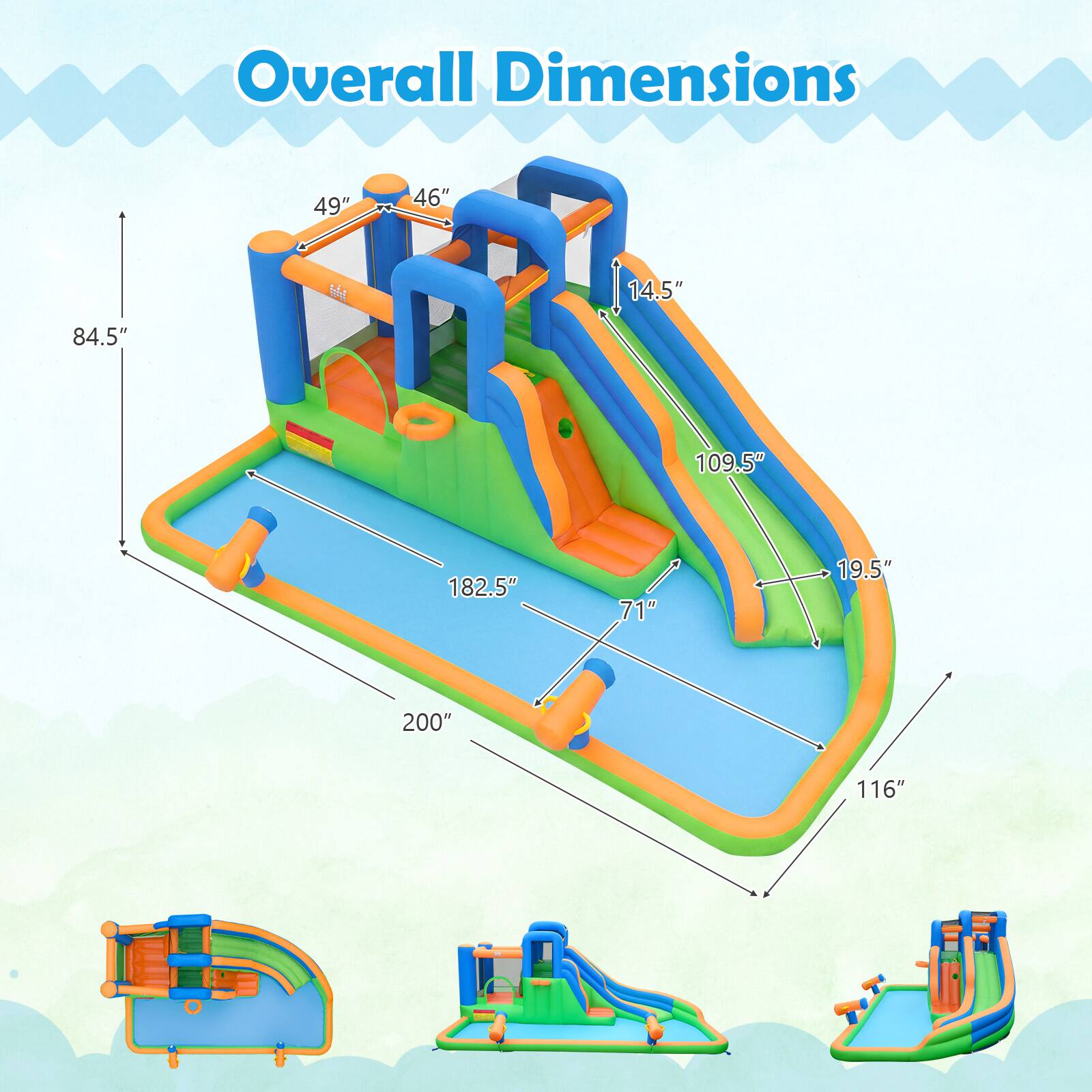 Overall Dimensions: 49" x 46" x 84.5" x 14.5" x 109.5" x 182.5" x 71" x 19.5" x 200" x 116"