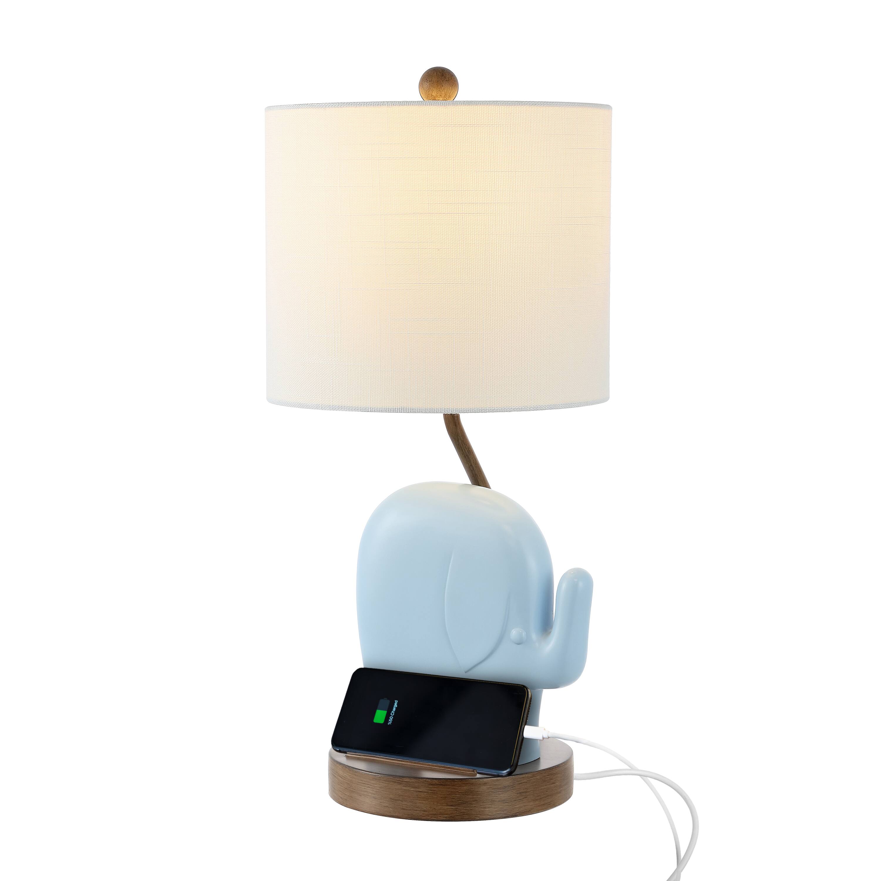 Front. Jonathan Y - Ellie 20.25" Bohemian Designer Iron/Resin Elephant LED Kids' Table Lamp with Phone Stand and USB Charging Port, Blue.