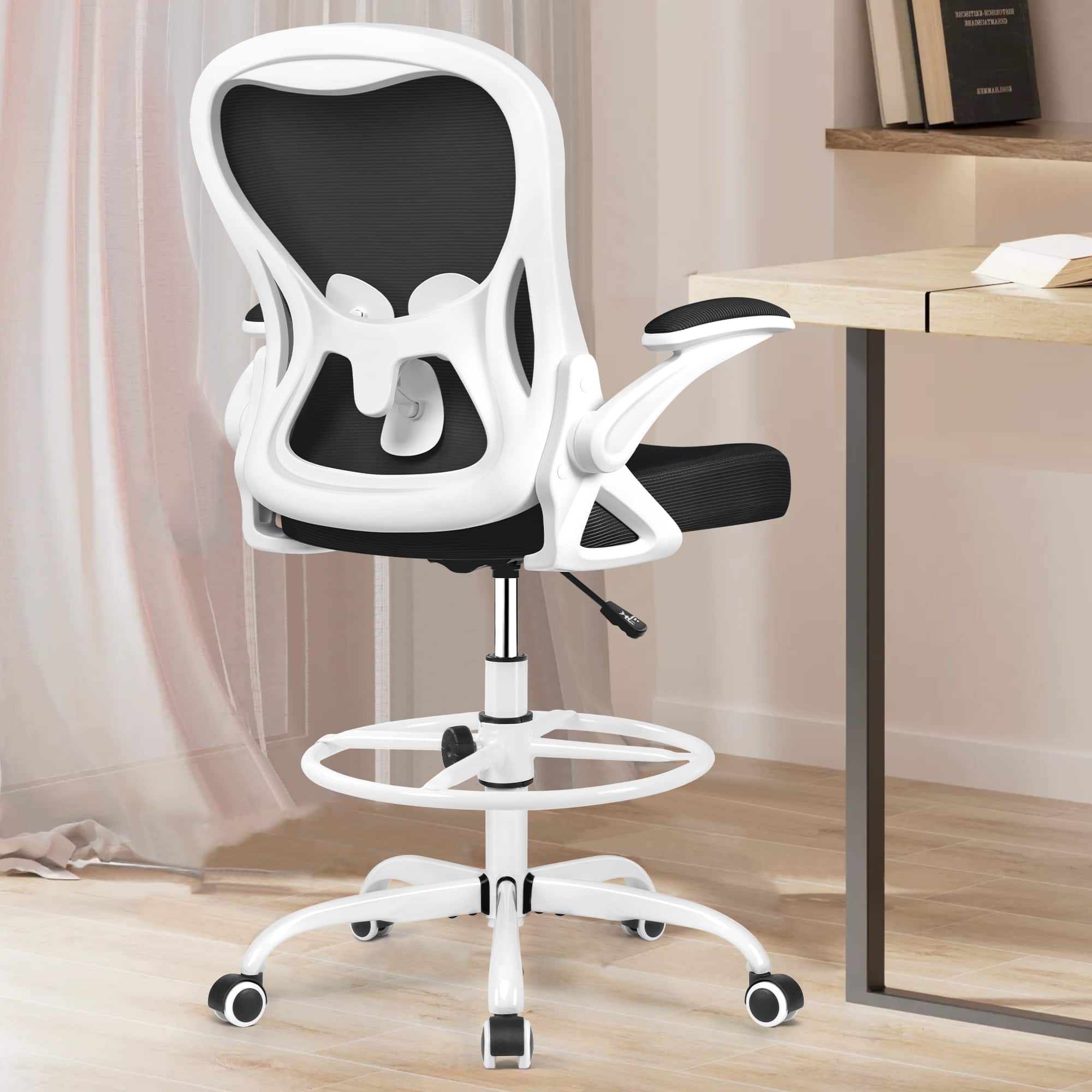 Brick Attic - Drafting Chair, Tall Office Chair Ergonomic Desk Chair, Task Rolling Chair with Adjustable Flip-up Armrests Foot Ring - White