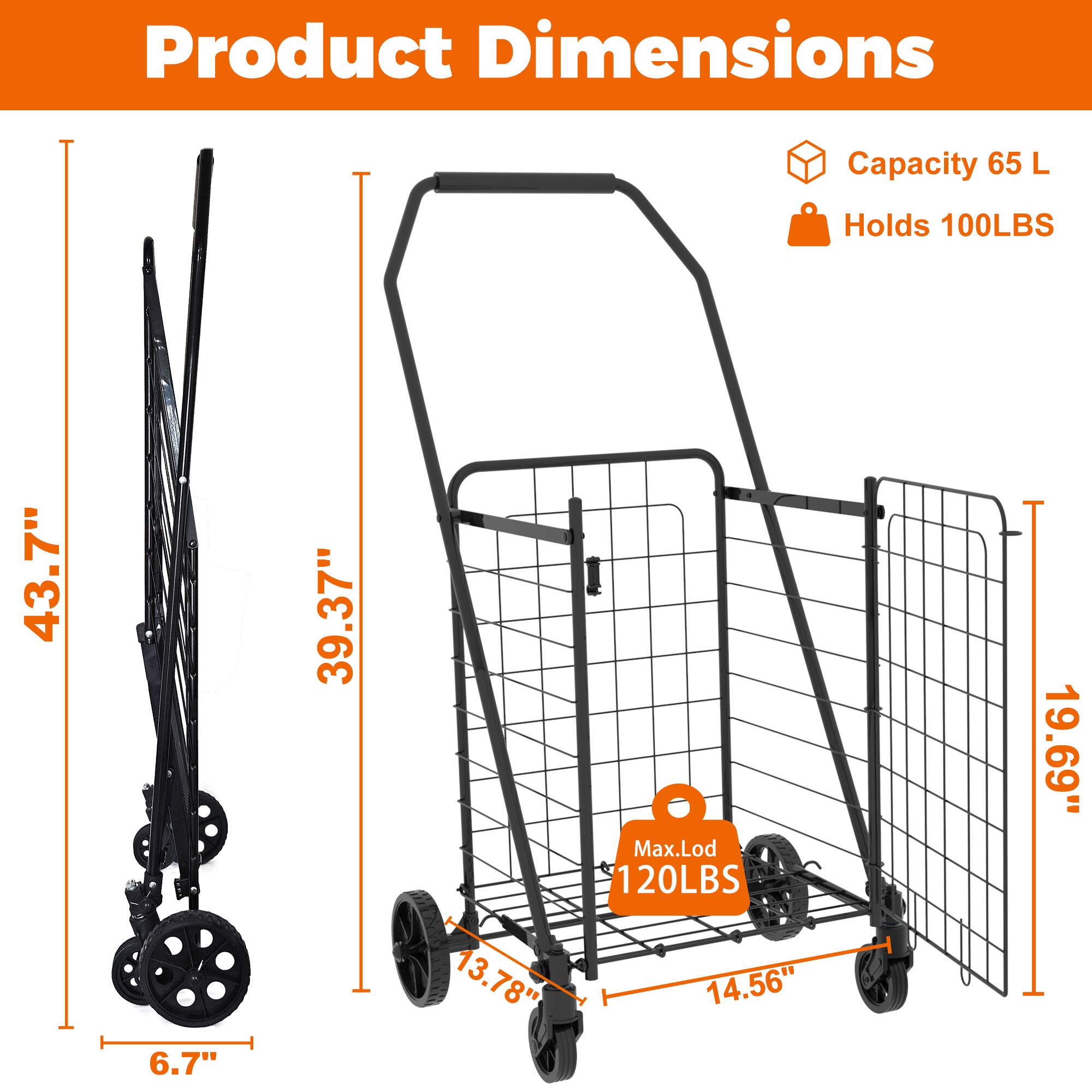 Product Dimensions

- Capacity: 65 L
- Holds: 100 LBS
- Max. Load: 120 LBS

Dimensions:
- Height: 43.7"
- Width: 39.37"
- Depth: 19.69"
- Handle Height: 13.78"
- Wheel Diameter: 6.7"
- Wheelbase: 14.56"