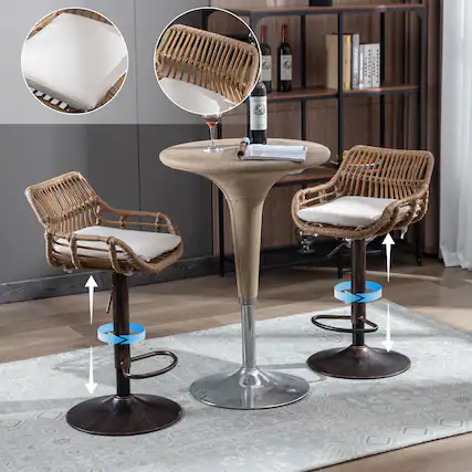 Front. Halitaa - Rattan Bar Stools Set of 2, Adjustable Counter Height Chairs, 360° Swivel Barstools with Linen Cushion for Dining Room - Beige.