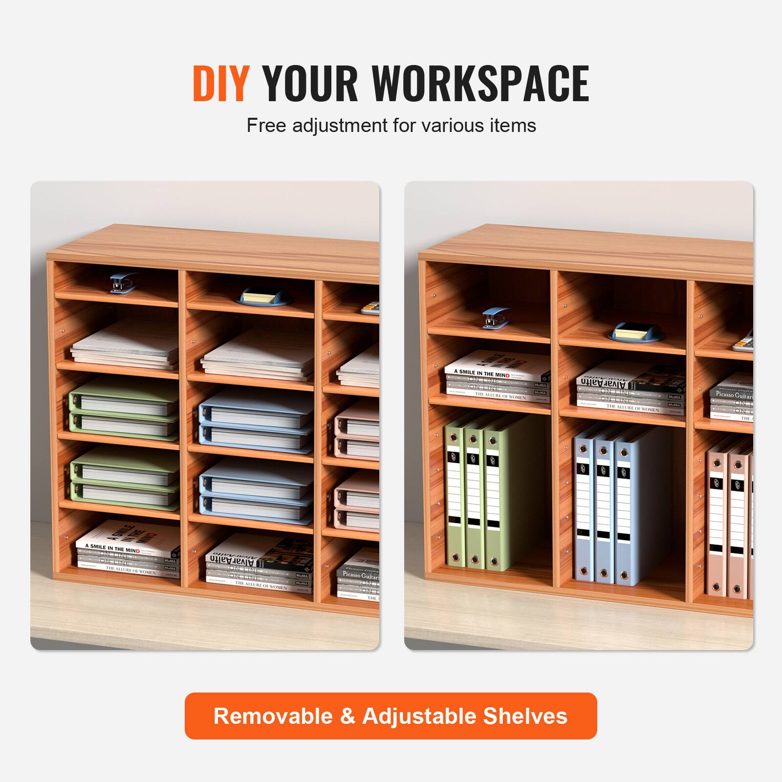 DIY YOUR WORKSPACE  
Free adjustment for various items  

Removable & Adjustable Shelves