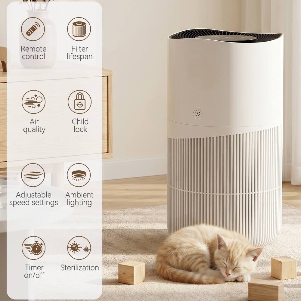 Remote control  
Filter lifespan  
Air quality  
Child lock  
Adjustable speed settings  
Ambient lighting  
Timer on/off  
Sterilization