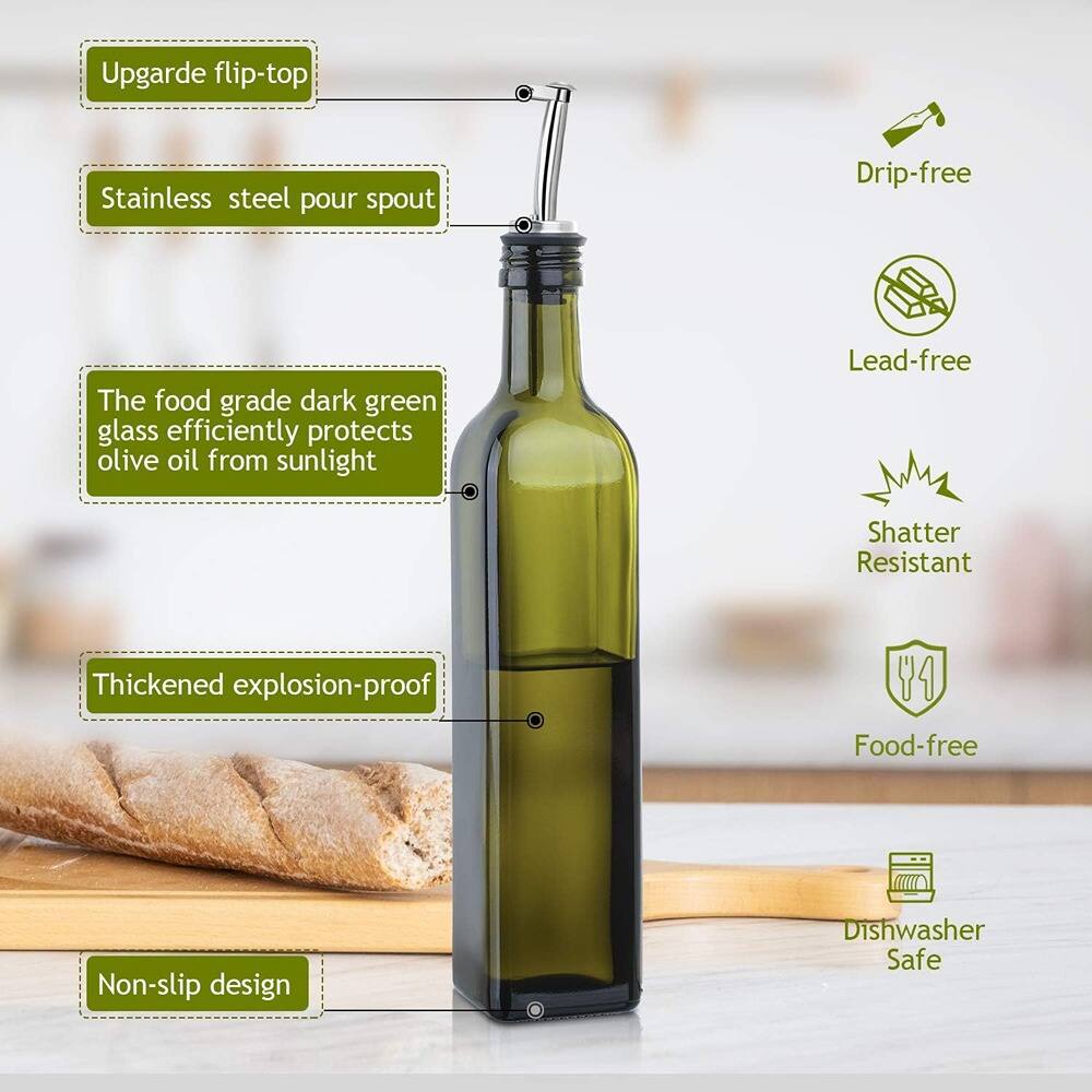 - Upgrade flip-top
- Stainless steel pour spout
- The food grade dark green glass efficiently protects olive oil from sunlight
- Thickened explosion-proof
- Non-slip design
- Drip-free
- Lead-free
- Shatter Resistant
- Food-free
- Dishwasher Safe