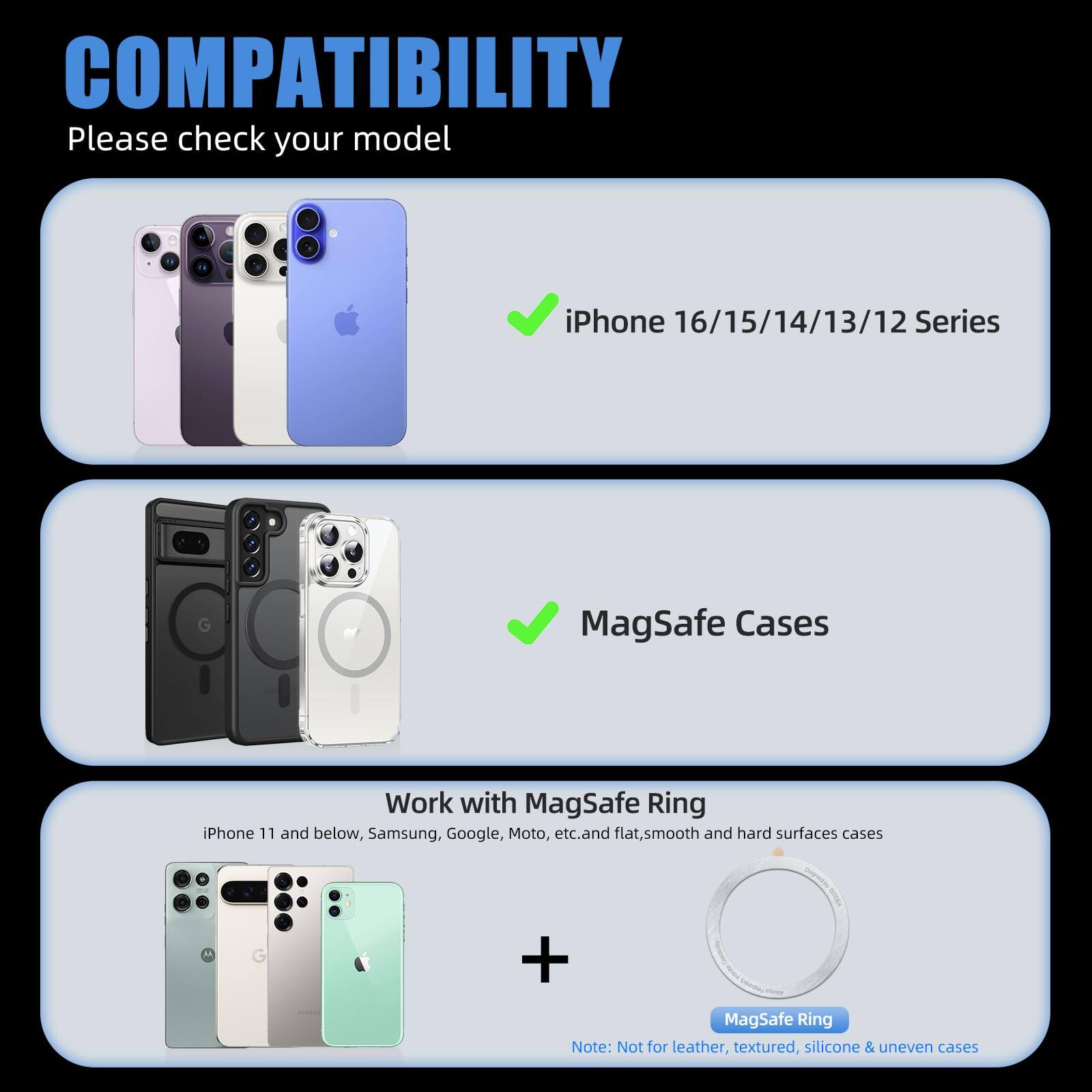 **COMPATIBILITY**

Please check your model

- iPhone 16/15/14/13/12 Series
- MagSafe Cases

**Work with MagSafe Ring**

iPhone 11 and below, Samsung, Google, Moto, etc. and flat, smooth and hard surfaces cases

Note: Not for leather, textured, silicone & uneven cases