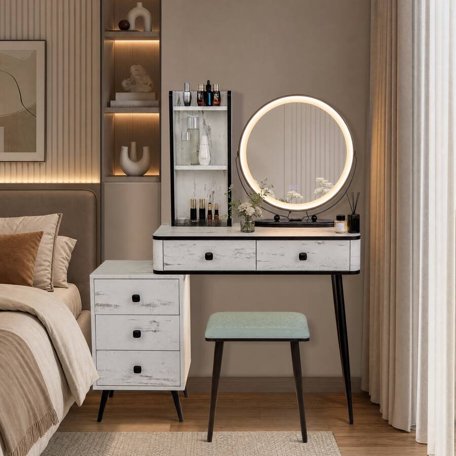 Color Wh WELLFOR Vanity Table Set with 3 Color LED Mirror & Charging Station ...