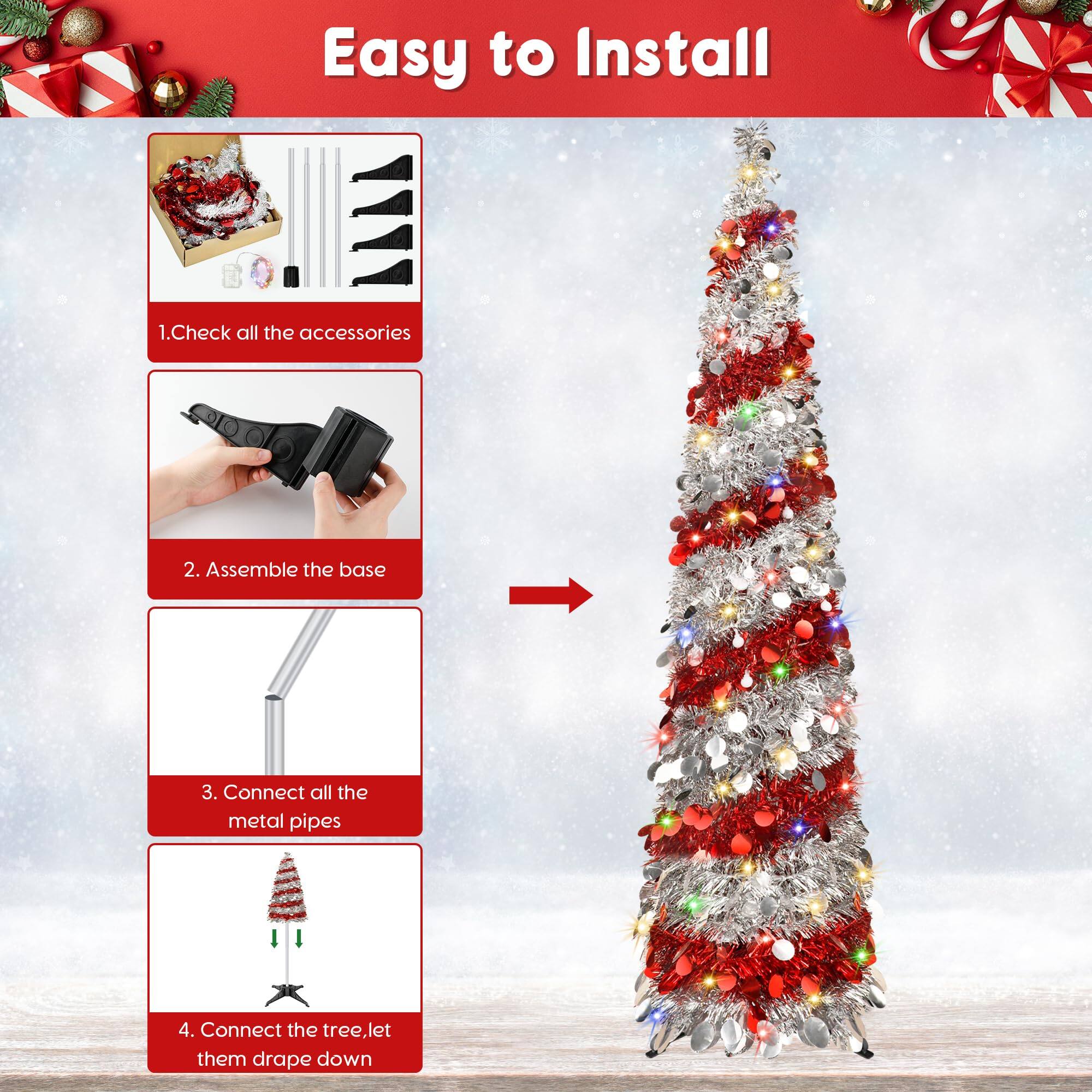 Easy to Install

1. Check all the accessories
2. Assemble the base
3. Connect all the metal pipes
4. Connect the tree, let them drape down