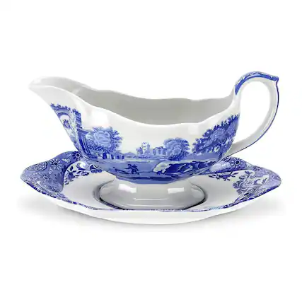 Front. Spode - Spode Blue Italian Sauceboat and Stand Blue Italian Sauceboat and Stand - Blue and White.