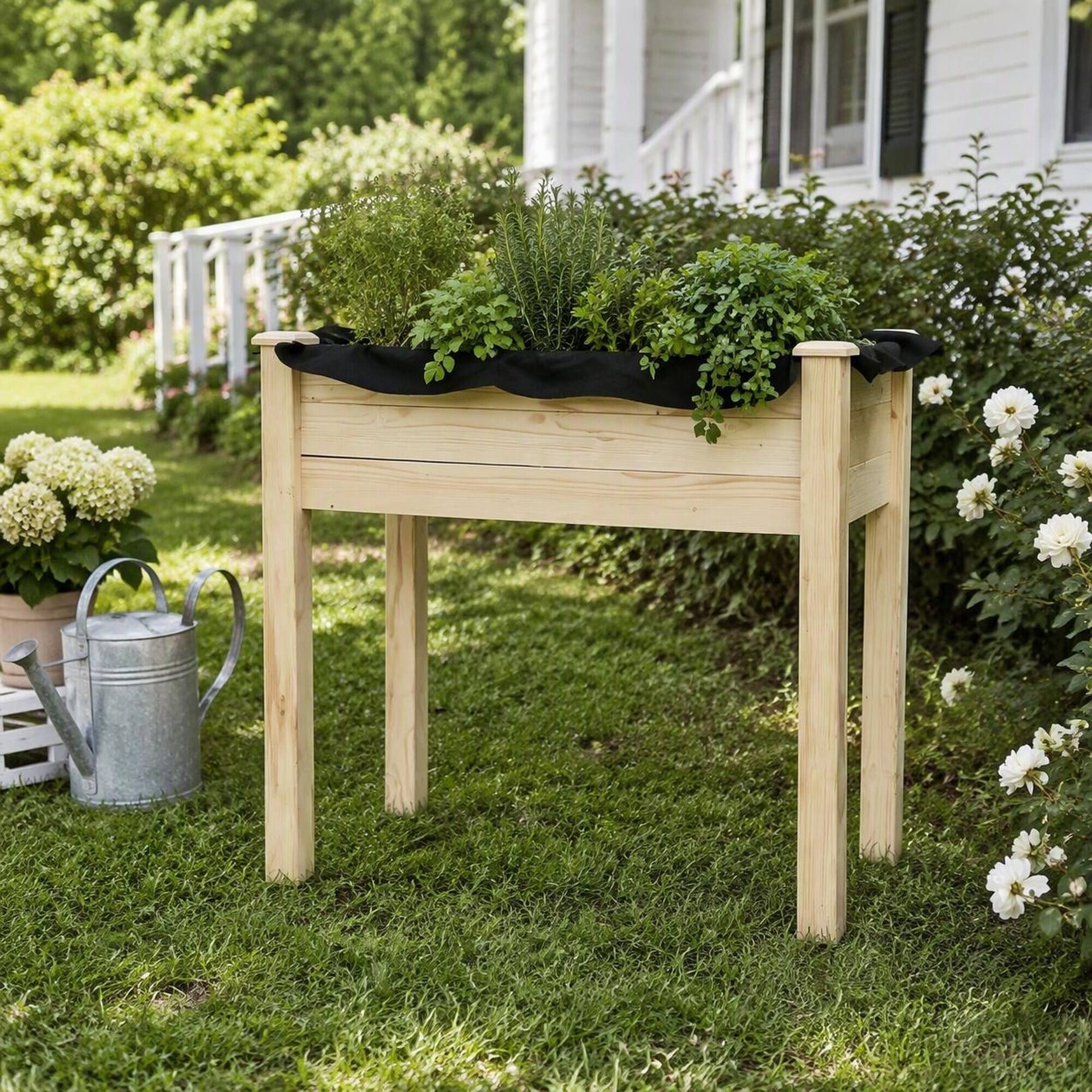 Alt View 1. RYHNUYNE - Raised Wooden Planter Box on Legs for Vegetables and Flowers, Natural Fir Garden Bed with Self-Draining Slats - Natural Wood.
