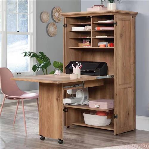 Left. Hivvago - Drop Leaf Computer Desk Craft Table Armoire in Oak Wood Finish - Brown.