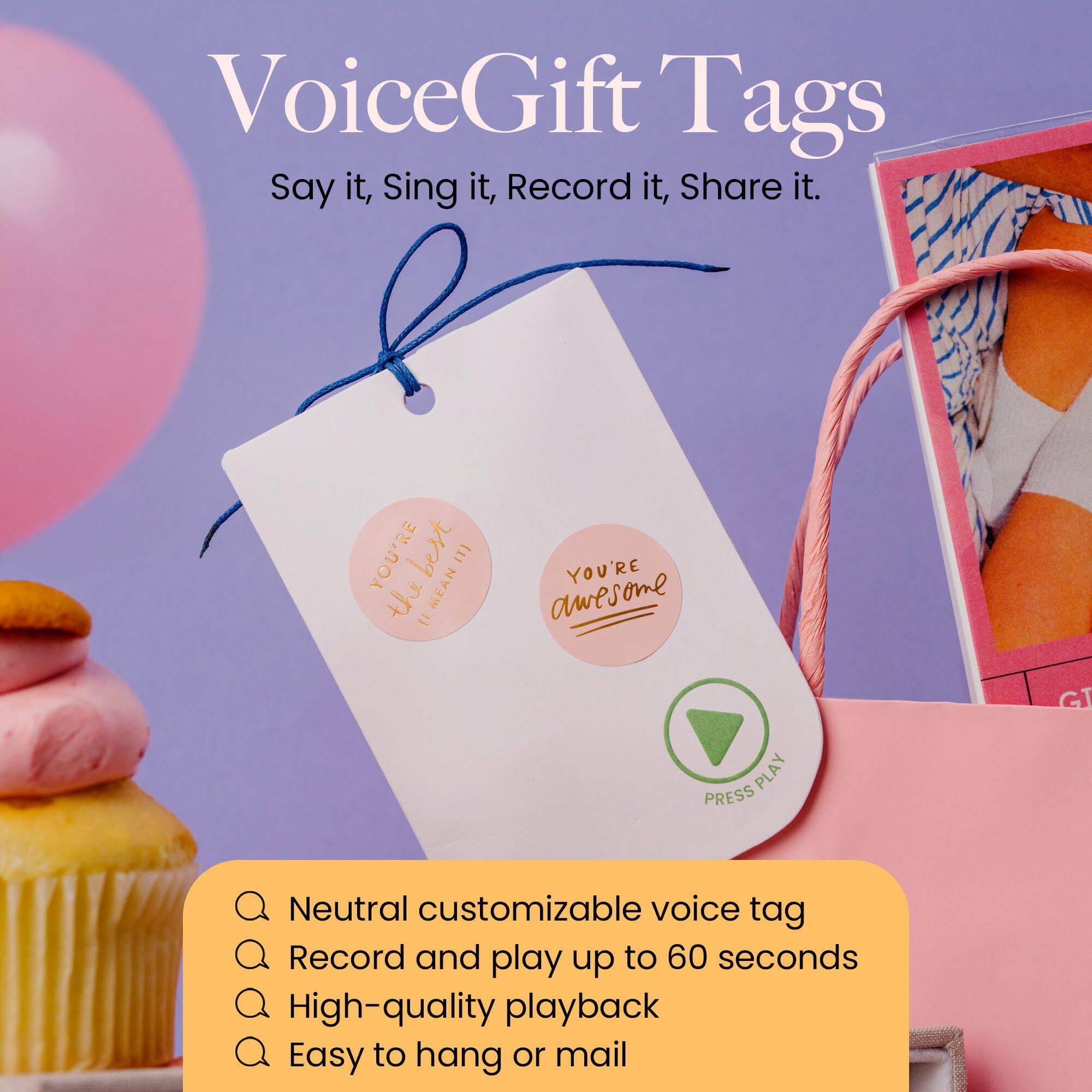 VoiceGift Tags  
Say it, Sing it, Record it, Share it.

YOU'RE the MEAN  
YOU'RE awesome

Neutral customizable voice tag  
Record and play up to 60 seconds  
High-quality playback  
Easy to hang or mail