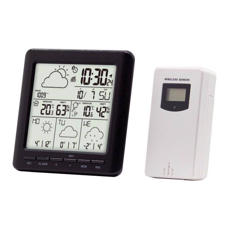 10:30 24  
1009  
10/7 SU  
20° 63%  
10° 42%  
MO 4° 12°  
TU 0° 17°  
WE -2° 14°  
WIRELESS SENSOR  
WIFI  
SET ALARM MEM SNZ