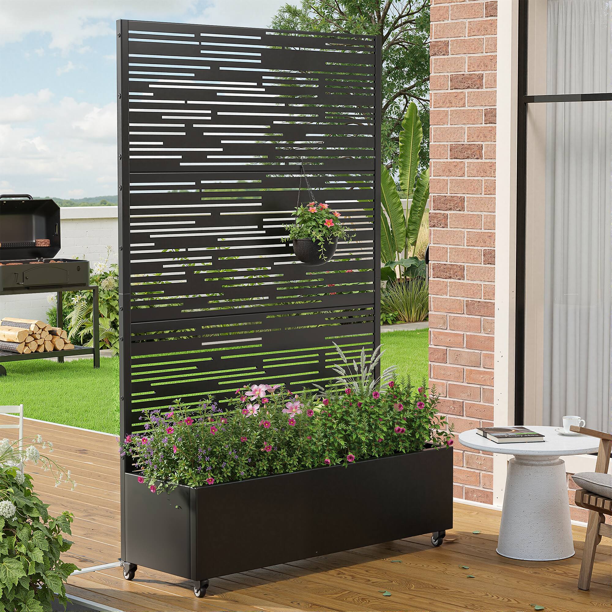 Alt View 1. PexFix - 72 in. H x 47 in. W Shine Pattern Rectangle Metal Planter Box Raised Garden Beds with Trellis-Ideal for Balcony - Black.