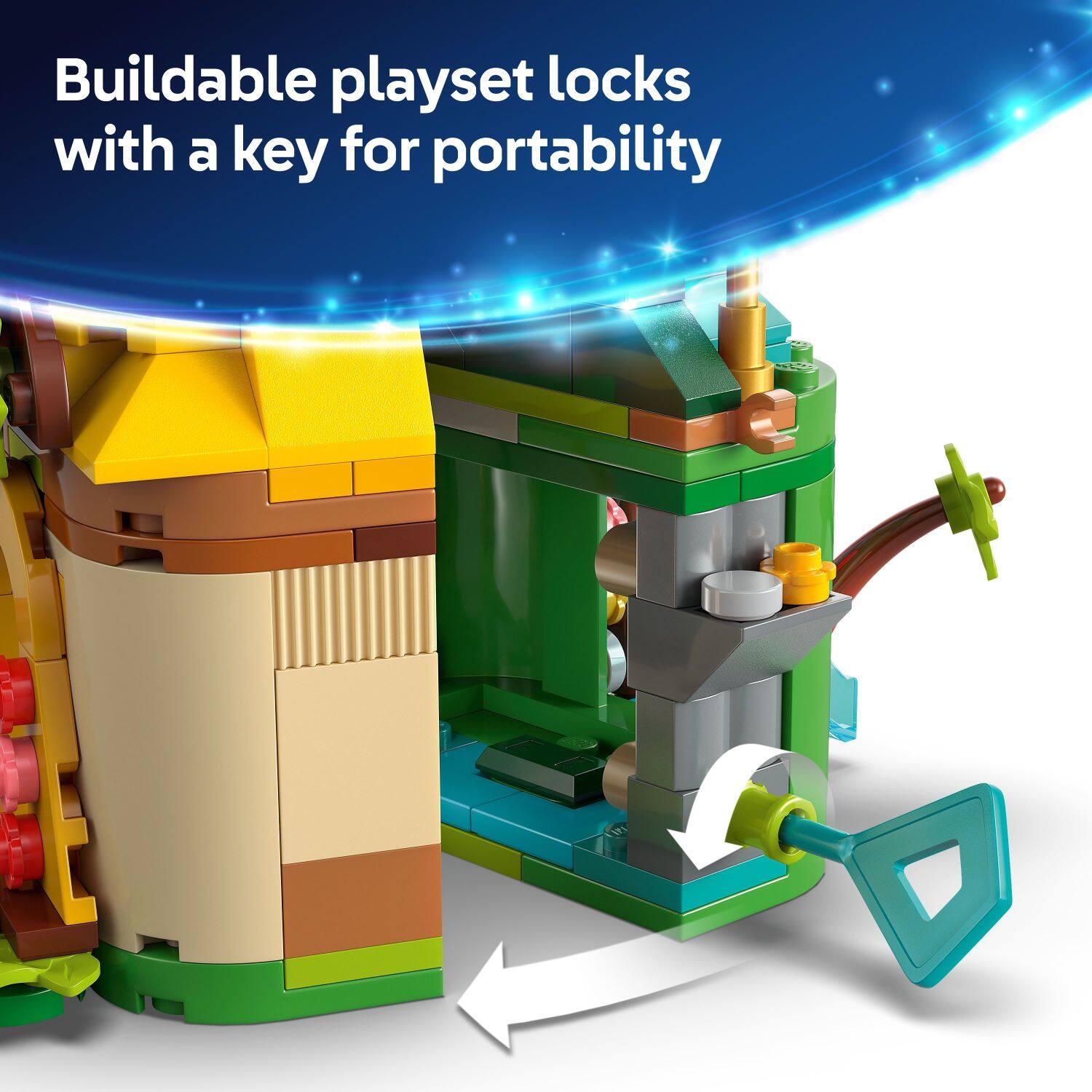 Buildable playset locks with a key for portability.