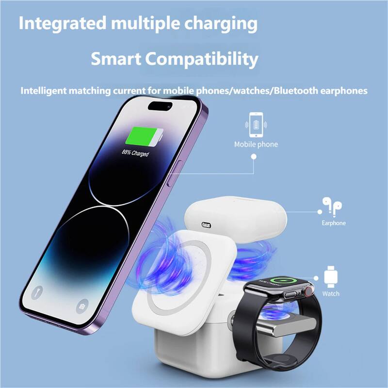 Integrated multiple charging  
Smart Compatibility  
Intelligent matching current for mobile phones/watches/Bluetooth earphones  

88% Charged  

Mobile phone  
Earphone  
Watch