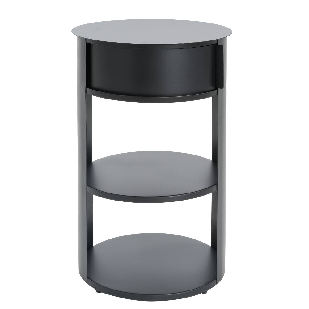 Left. Loheer - Loheer Round Side Table 3-Tier Metal End Table with Sliding Door Cabinet Matte Black Nightstand for Small Spaces - Black.