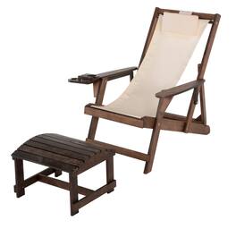 Jiallo - Romantic Collection Canvas Sling Chair with Cup and Wine Holder and Ottoman - Dark Brown Color with Beige Fabric