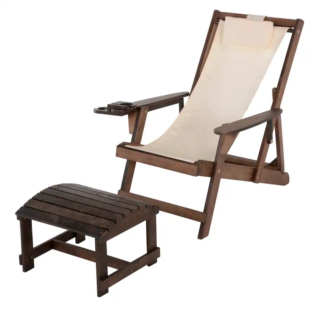 Front. Jiallo - Romantic Collection Canvas Sling Chair with Cup and Wine Holder and Ottoman - Dark Brown Color with Beige Fabric.