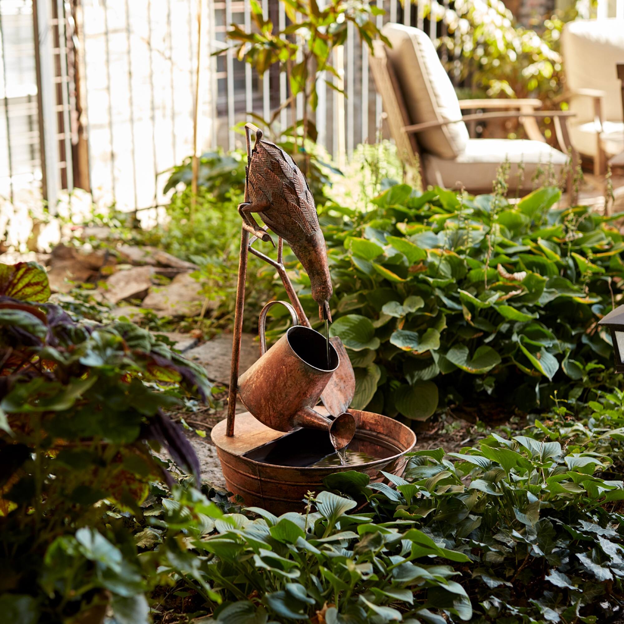 Alt View 1. BreeBe - Rustic Metal Fountain with Duck and Watering Can 33"H - Copper.