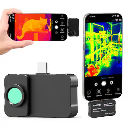 + 8 Froe Record Capture Settings OF Temp Range 17:40 w... TISR CB 238 MAoaSure Coor 1 -5.0C Capture Record Color Measure Temp Range Settings Mobile phone VEVOR thermal Imager Model:VT256 Resolution: 256x192 Made in china