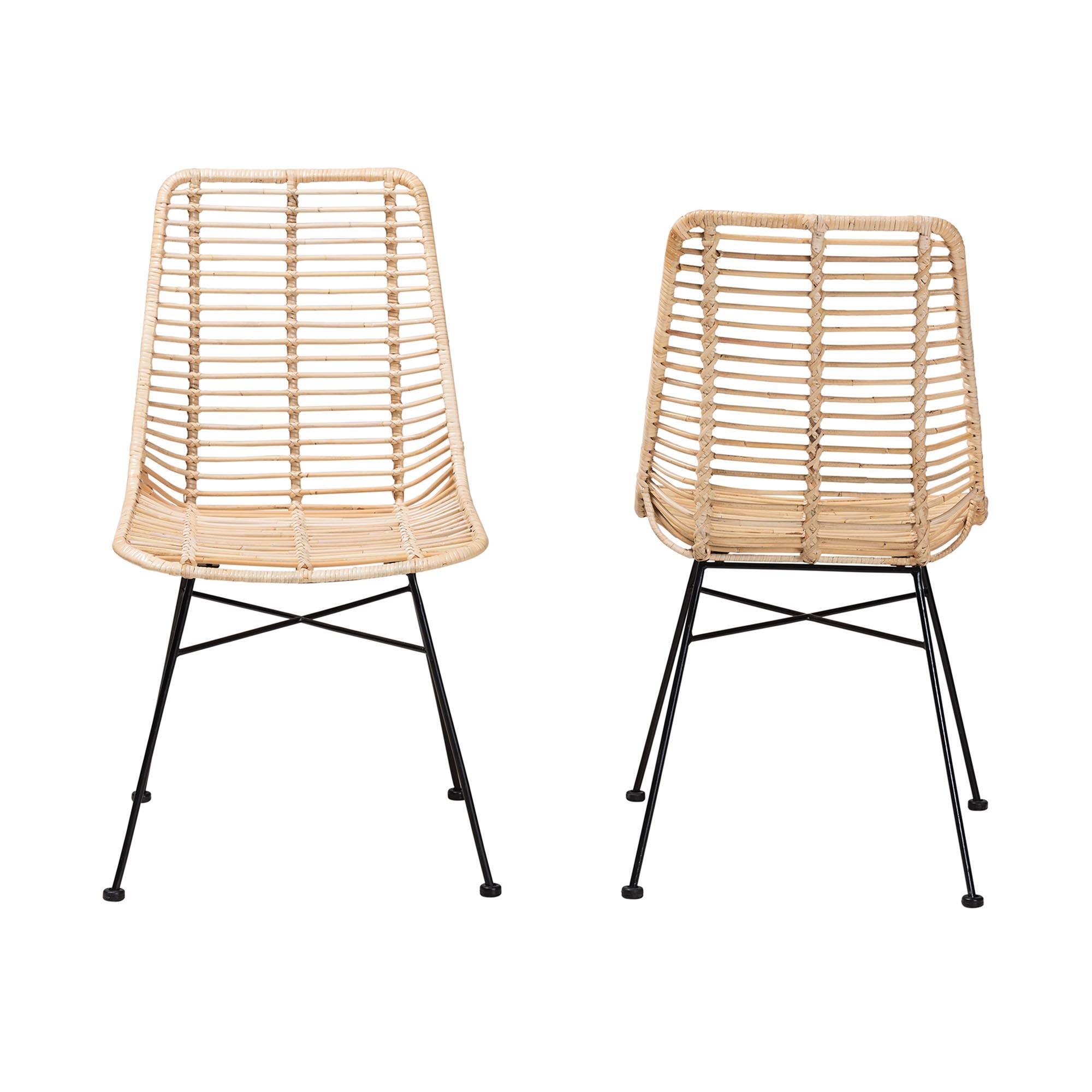 Angle. bali & pari - Manhattan Modern Bohemian Rattan and Metal 2-Piece Dining Chair Set - Natural Brown/Black.
