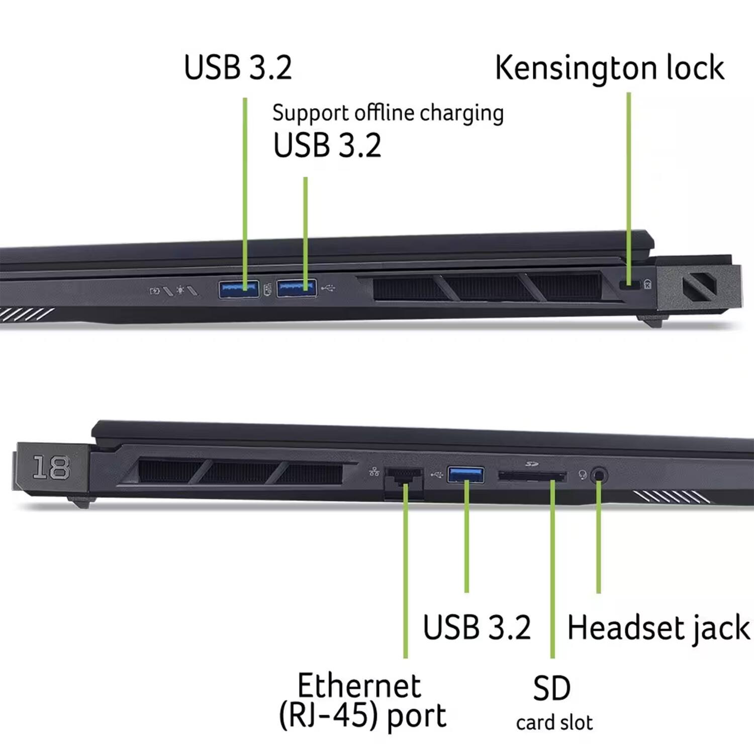 - USB 3.2
- Support offline charging
- USB 3.2
- Kensington lock
- USB 3.2
- Headset jack
- Ethernet (RJ-45) port
- SD card slot