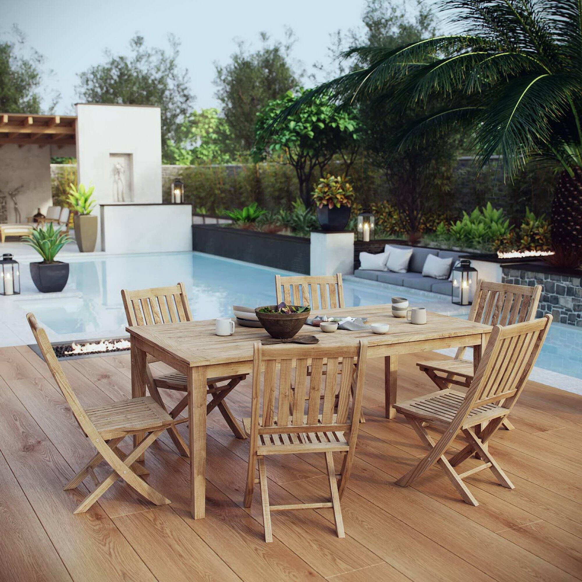 Alt View 4. Modway - Marina 7-Piece Outdoor Teak Patio Dining Set - Natural.