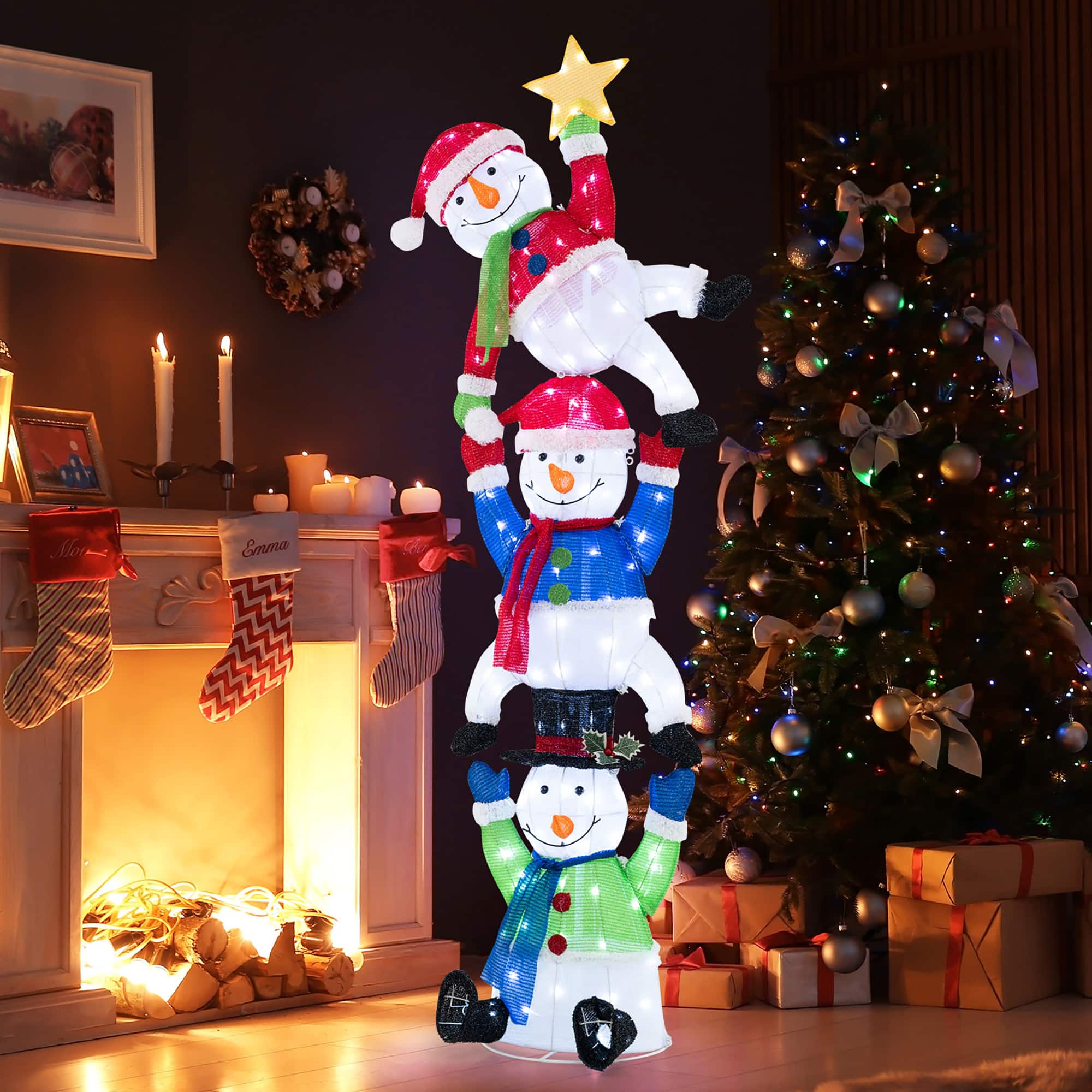 Gymax - 6 ft 3D Pre-Lit Christmas Stacked Snowman w/ 155 LED Lights Zip Ties & Stakes - Multicolor