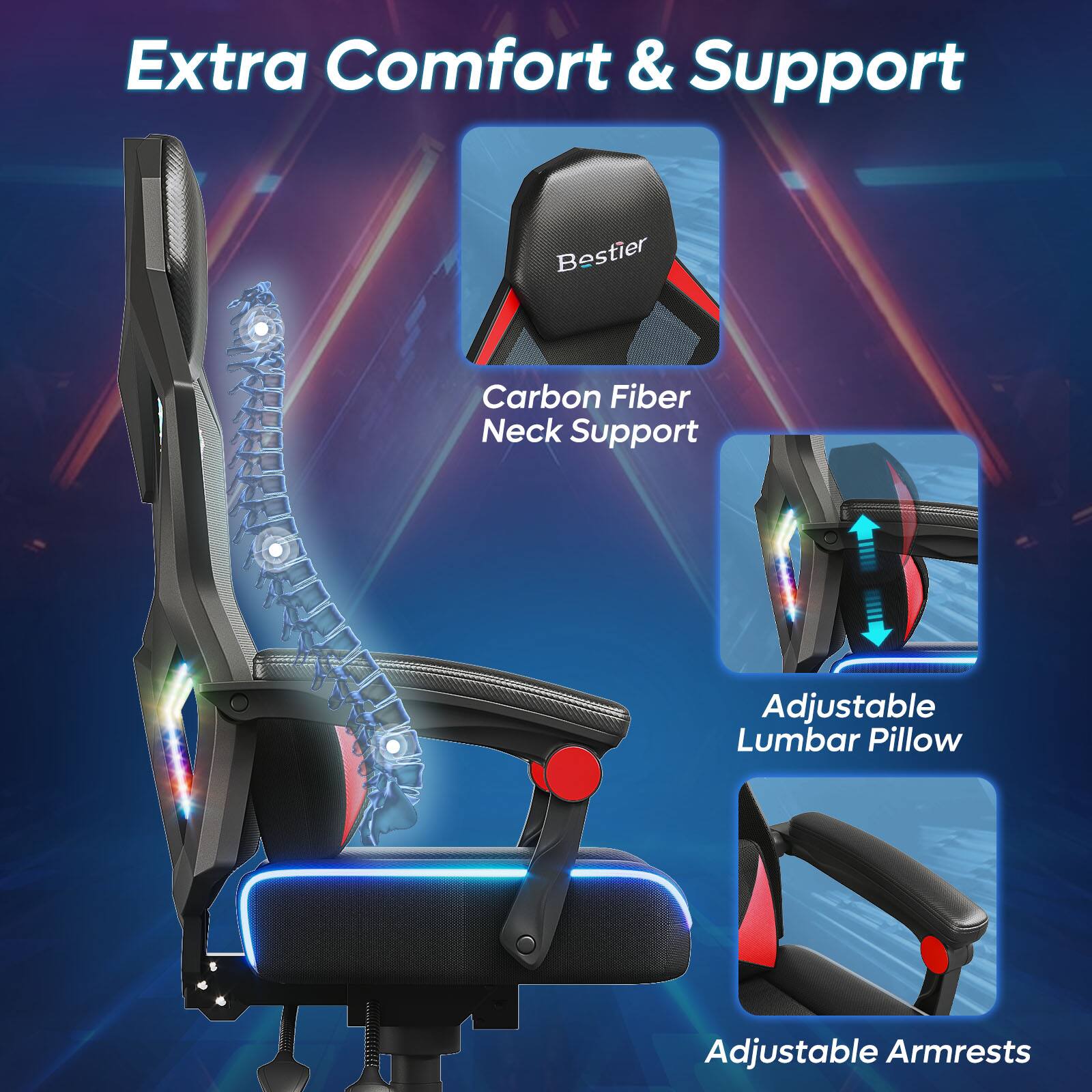 Extra Comfort & Support Bestier Carbon Fiber Neck Support Adjustable Lumbar Pillow Adjustable Armrests