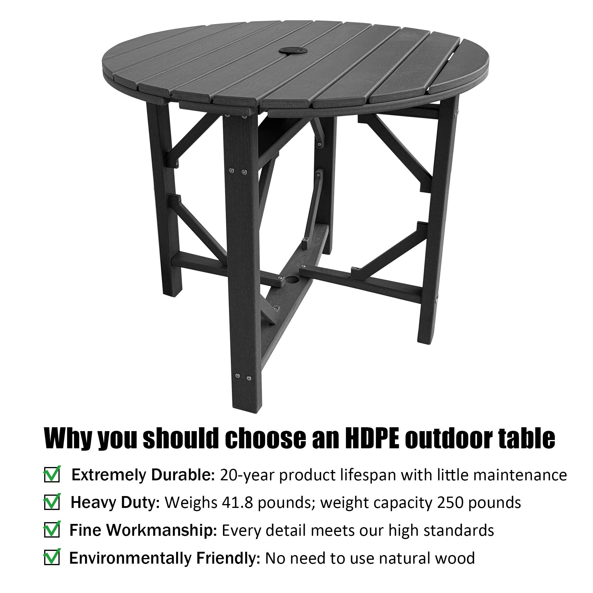 Why you should choose an HDPE outdoor table

- Extremely Durable: 20-year product lifespan with little maintenance
- Heavy Duty: Weighs 41.8 pounds; weight capacity 250 pounds
- Fine Workmanship: Every detail meets our high standards
- Environmentally Friendly: No need to use natural wood