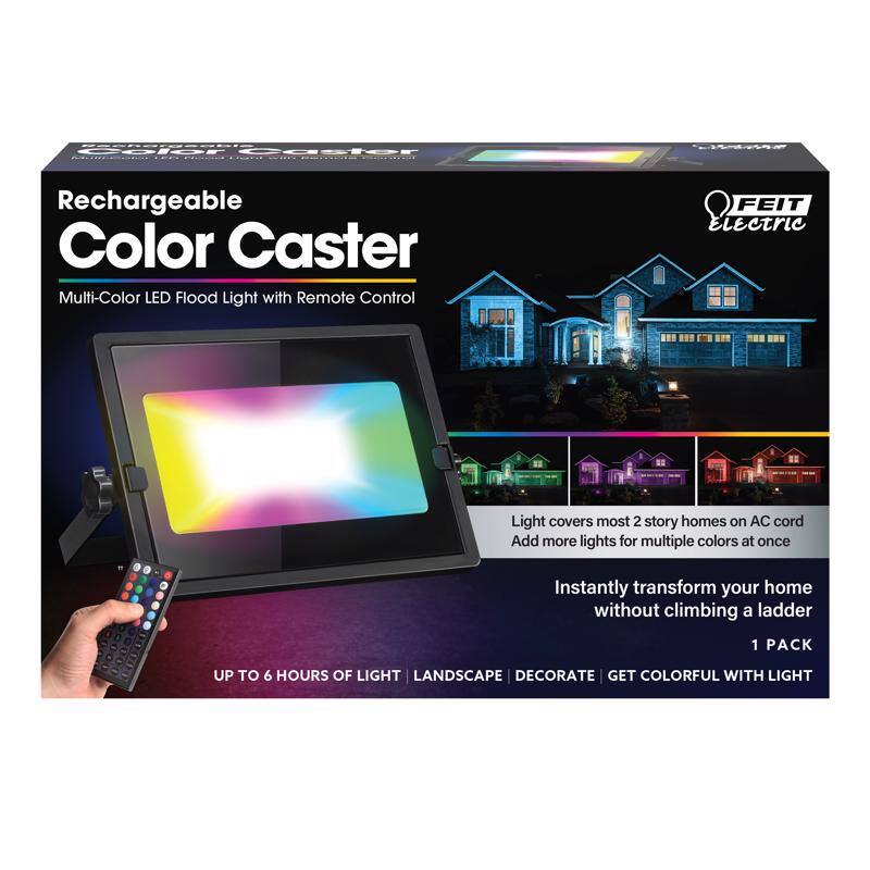 Rechargeable Color Caster  
Multi-Color LED Flood Light with Remote Control  

Light covers most 2 story homes on AC cord  
Add more lights for multiple colors at once  

Instantly transform your home without climbing a ladder  

1 PACK  
UP TO 6 HOURS OF LIGHT  

LANDSCAPE | DECORATE | GET COLORFUL WITH LIGHT