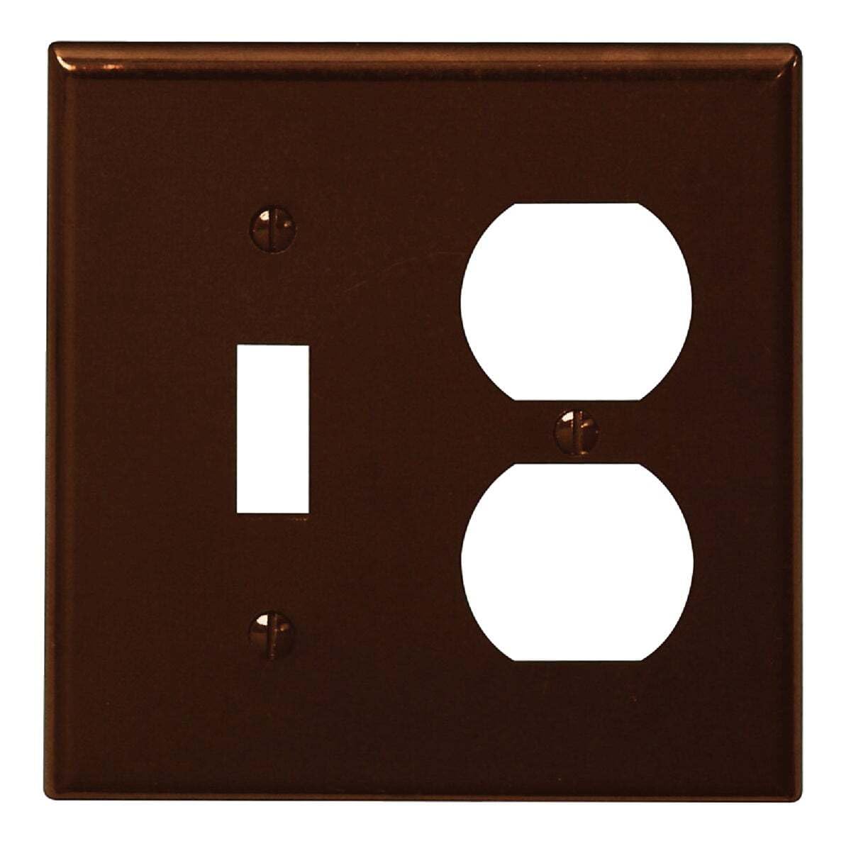 Angle. Leviton - 2-Gang Combination Wallplate, 1 Toggle 1 Duplex, Thermoset, Standard Size, Device Mount, Model 85005 - Brown.