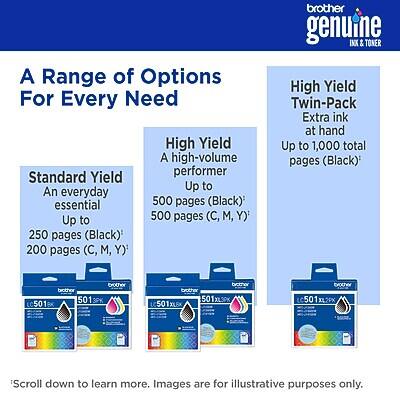 A Range of Options For Every Need

High Yield
A high-volume performer
Up to 500 pages (Black) to 500 pages (C, M, Y)

Standard Yield
An everyday essential
Up to 250 pages (Black) 200 pages (C, M, Y)

High Yield Twin-Pack
Extra ink at hand
Up to 1,000 total pages (Black)

brother genuine INK & TONER

High Yield Twin-Pack
Extra ink at hand
Up to 1,000 total pages (Black)

brother 501 c501
brother 501
brother 501XL8x
brother EVOChe c501x2
501

Scroll down to learn more.
Images are for illustrative purposes only.