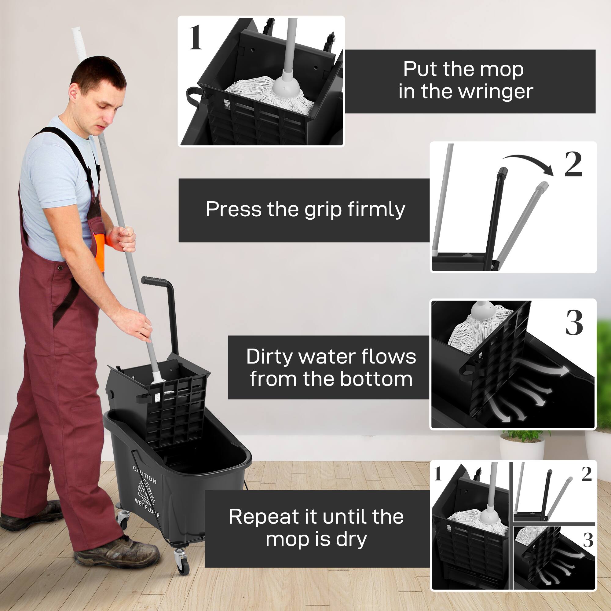 1 Put the mop in the wringer
2 Press the grip firmly
3 Dirty water flows from the bottom
5 UTION OL ET FLO
Repeat it until the mop is dry