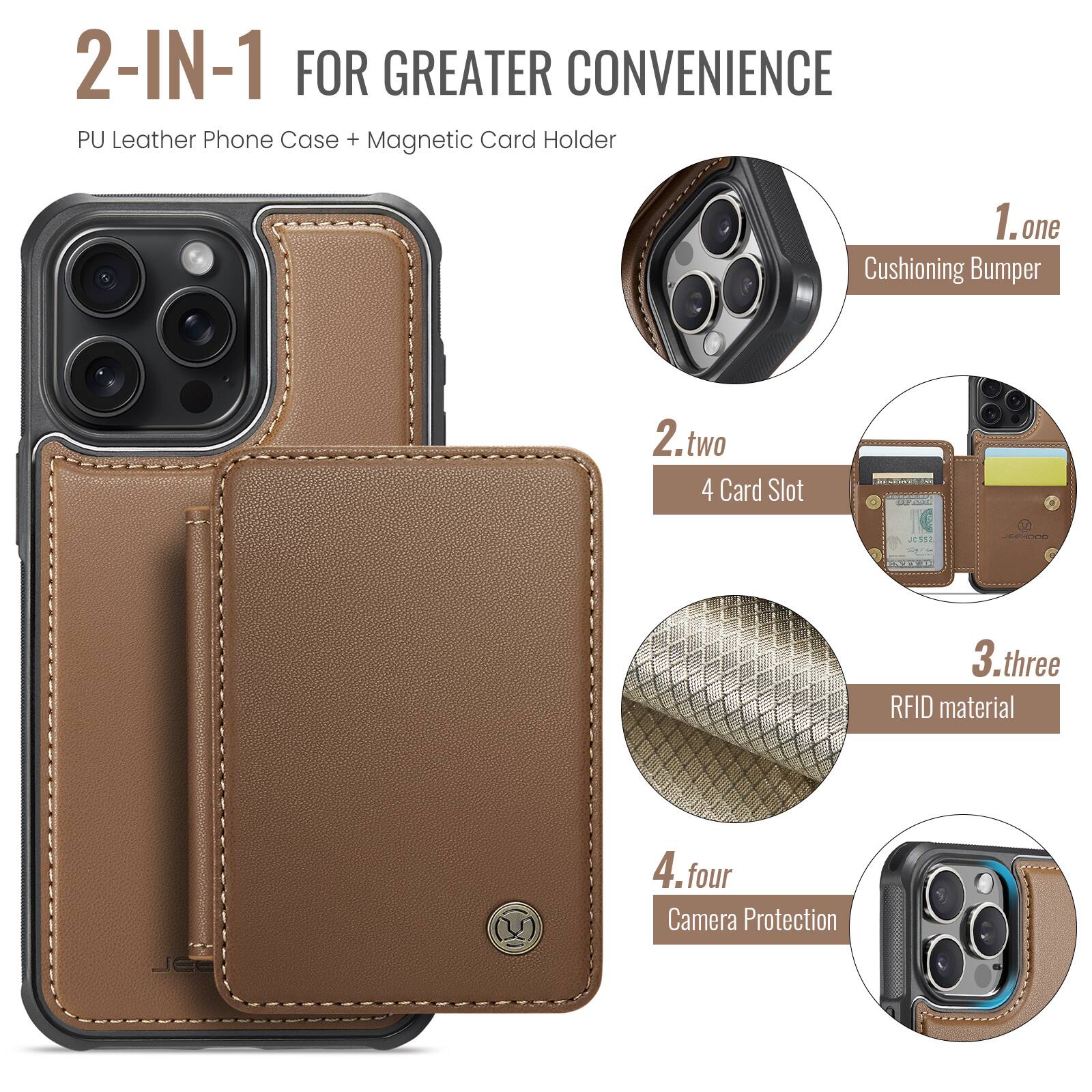 2-IN-1 FOR GREATER CONVENIENCE  
PU Leather Phone Case + Magnetic Card Holder  

1. one  
Cushioning Bumper  

2. two  
4 Card Slot  

3. three  
RFID material  

4. four  
Camera Protection