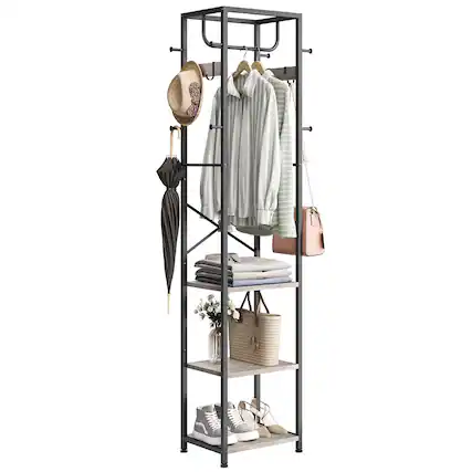 Front. Hanke - Coat Rack Freestanding Hall Tree With 3 Storage Shelves And Industrial Clothes Stand Organizer For Bedroom ... - Greige.