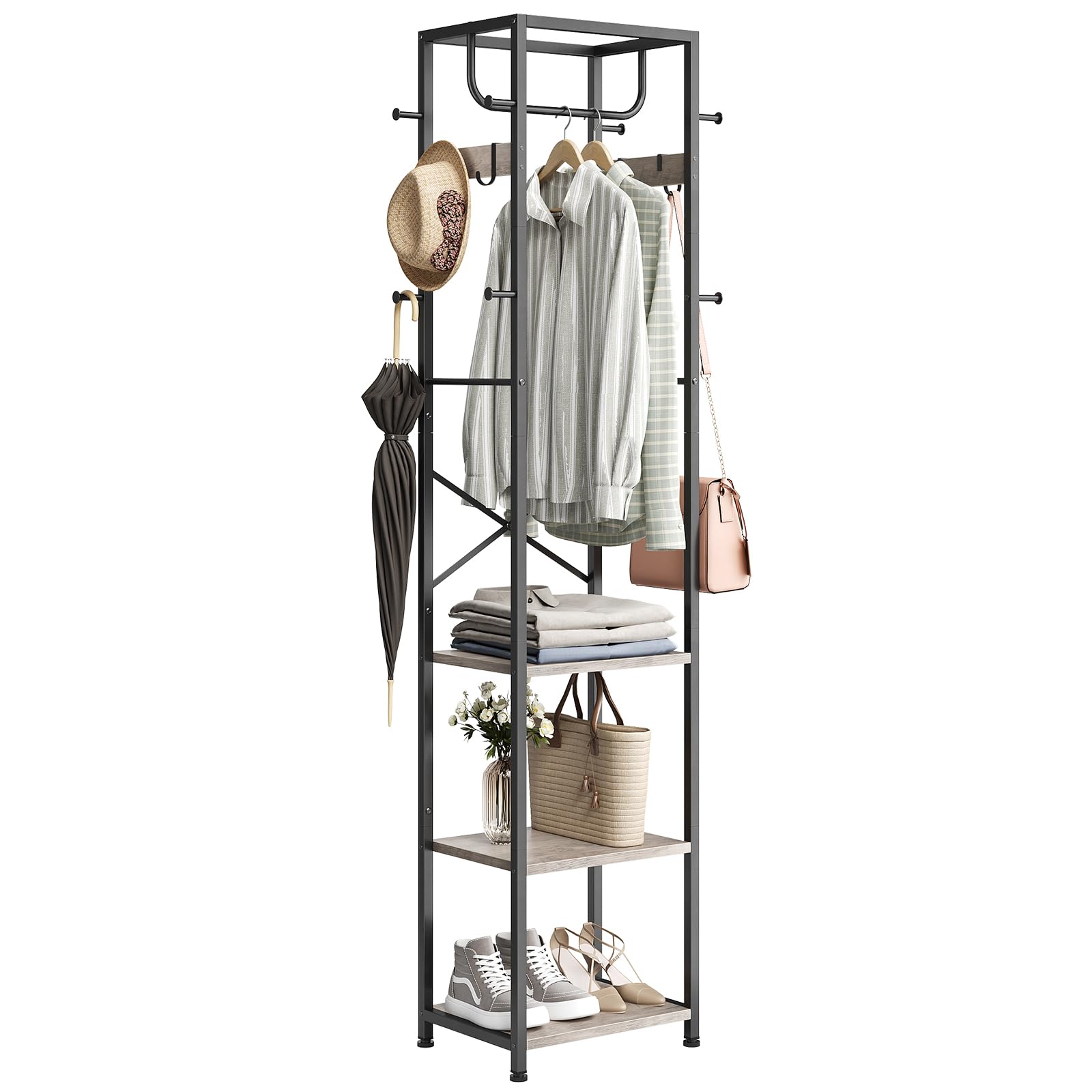 Hanke - Coat Rack Freestanding Hall Tree With 3 Storage Shelves And Industrial Clothes Stand Organizer For Bedroom - Greige