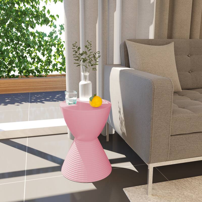 Alt View 2. LeisureMod - Boyd Modern Round Hourglass Accent Side Table, Drum Storage Table with Ribbed Base for Indoor/Outdoor - Pink.