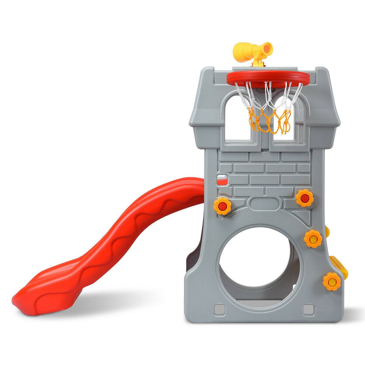 Alt View 9. Gymax - Gymax 2-Step Children Castle Slide Basketball Hoop and Telescope Toy Indoor & Outdoor - Gray, Red, Yellow.