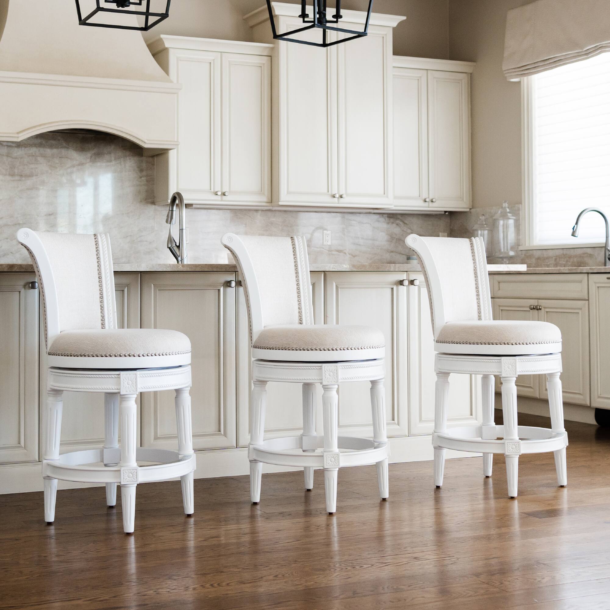 Left. Maven Lane - 31" Pullman Bar Stool In Alabaster White Finish With Fabric Upholstery - Alabaster White.