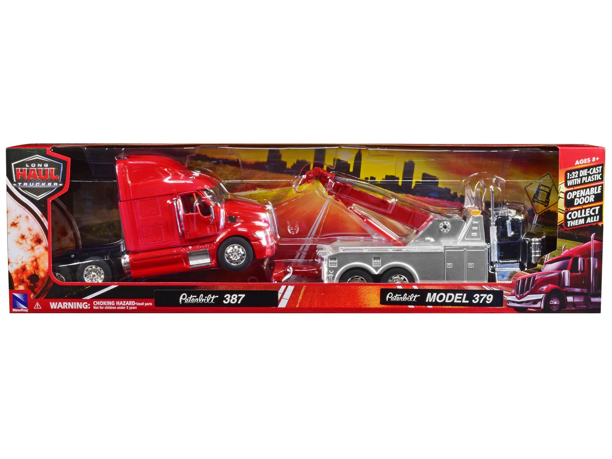 LONG HAUL TRUCKER AGES 8+ 1:32 DIE-CAST WITH PLASTIC OPENABLE DOOR COLLECT THEM ALL!  
WARNING: CHOKING HAZARD - Small parts - Not for children under 3 years  
Peterbilt 387  
Peterbilt MODEL 379