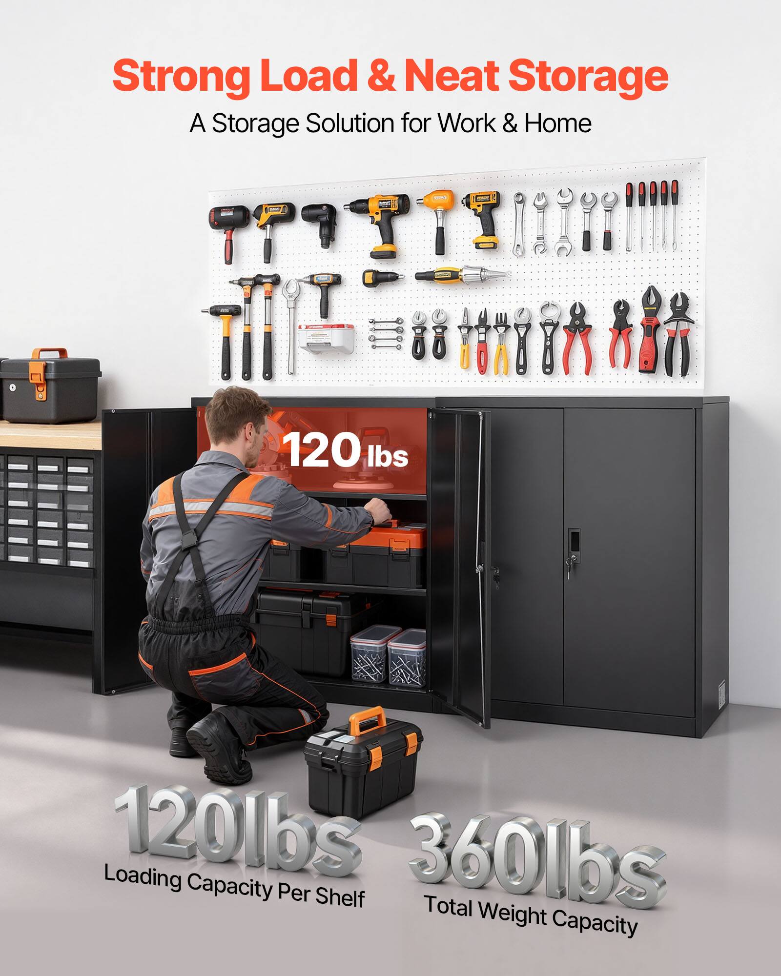 Strong Load & Neat Storage  
A Storage Solution for Work & Home  

120 lbs Loading  
120 lbs Loading Capacity Per Shelf  
360 lbs Total Weight Capacity