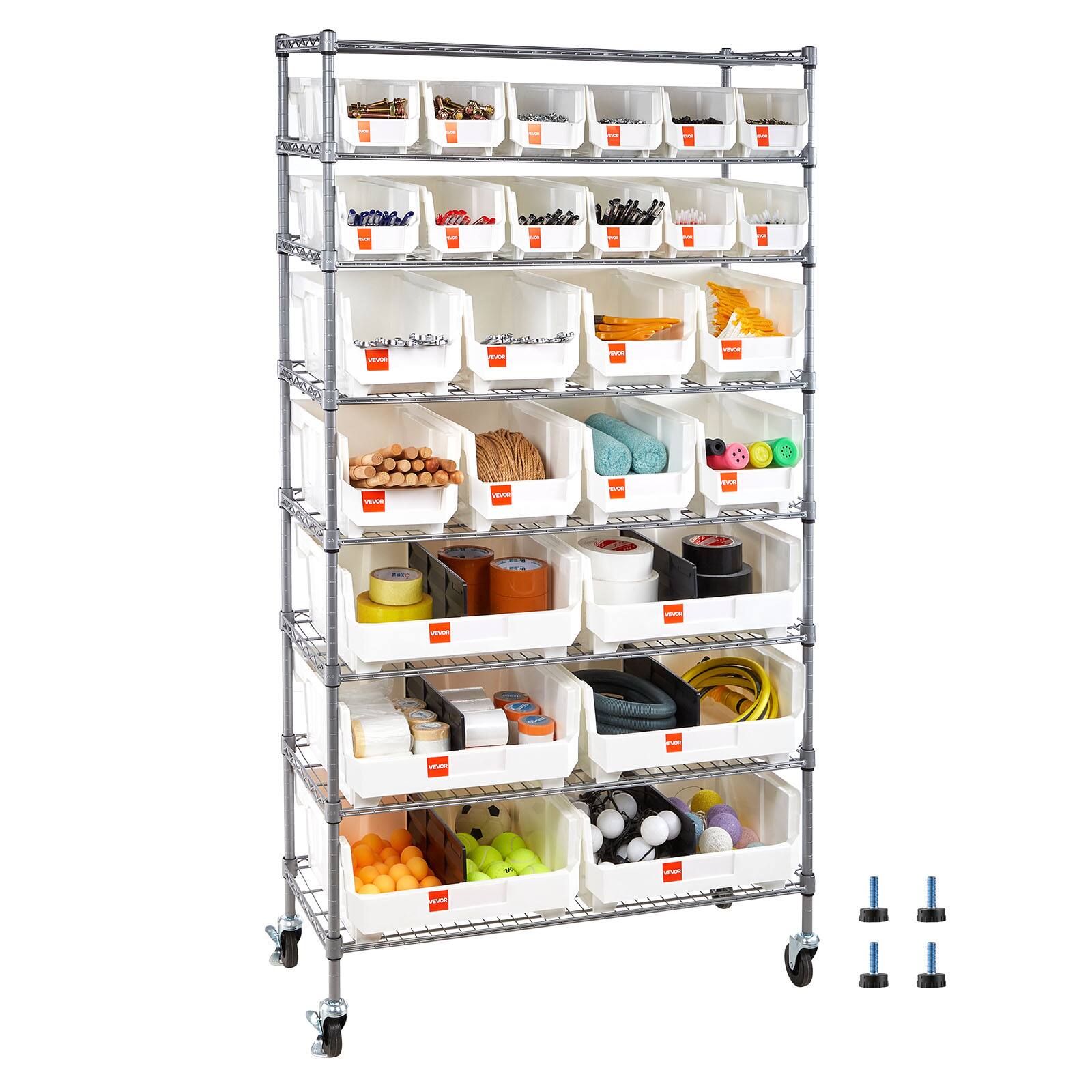 VEVOR - 8-Tier Rolling Bin Storage Rack, 26 Organizer Bins, Bin Rack Storage Steel Wire Shelving System with Wheels - Silver